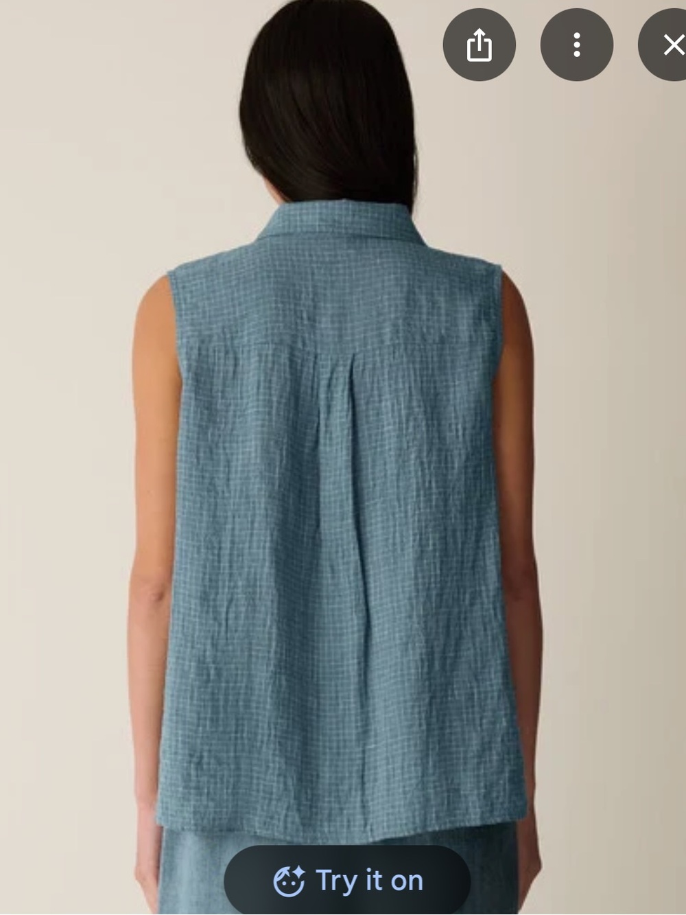Eileen Fisher Grid Blue Women’s Puckered Organic Linen Sleeveless Button Down - Picture 2 of 8